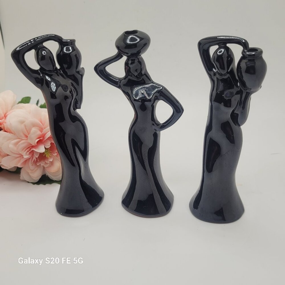 Vintage Black Minimalist Lady Figurines Statue Red Ware Ceramic Art Deco Retro